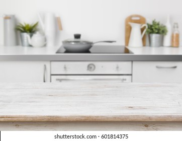 Bleached Wooden Texture Table On Defocused Kitchen Bench Interior Background