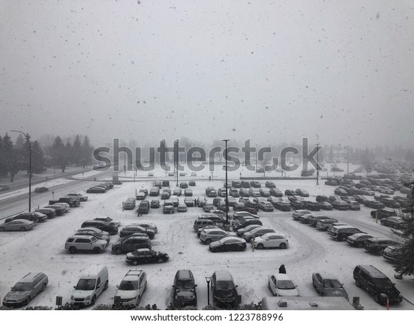 Bleak\
view of shopping mall parking lot on a snowy\
day