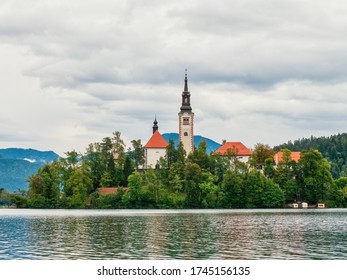 Bled island landscape with Pilgrimage Church of the Assumption of Maria on Bled lake, Bled, Slovenia