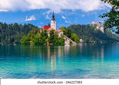 Bled with lake, island  and mountains in background, Slovenia, Europe