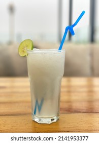 A Blended Lemonade On A Wooden Table