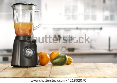 blender and fruits and kitchen space 