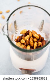 Blender With Soaked Almonds For Making Nut Milk. Dairy Free, No Lactose Vegan Milk. Step By Step Recipe.