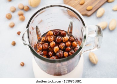 Blender With Soaked Hazelnuts For Making Nut Milk. Dairy Free, No Lactose Vegan Milk. Step By Step Recipe.