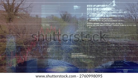 Blending river stream with data overlays at wooded bank, showing red blue charts, code, ripples. Visualization, rural, landscape, nature, woodland, reflections, gridlines
