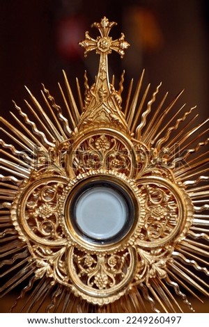 The Blessed Sacrament in a monstrance. Eucharist adoration. France.