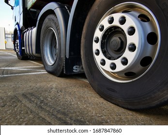Bletchley, Milton Keynes / UK - March 23 2020: Semi Truck with a Puncture on the Nearside Drive Wheel.