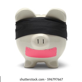 Blind Folded Piggy Bank Hostage Isolated On White.