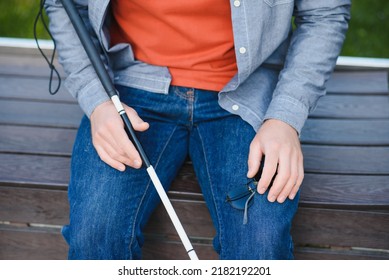 Blind Man. Visually Impaired Man With Walking Stick