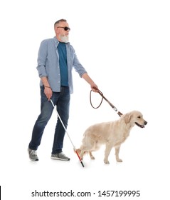 Blind Person With Long Cane And Guide Dog On White Background