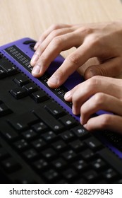 Blind Person Using Computer With Braille Computer Display And A Computer Keyboard. Blindness Aid, Visual Impairment, Independent Life Concept.
