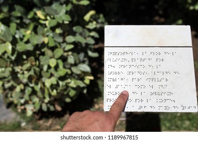 Blind Reading Text Caption In Braille Language At Garden. Accesible Gardens Concept