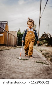 Blind Or Visually Impaired Child/Kid/Toddler/Preschooler/Boy Walking Through Neighborhood With Long White Cane, #1