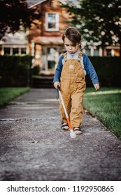 Blind Or Visually Impaired Child/Kid/Toddler/Preschooler/Boy Walking Through Neighborhood With Long White Cane, #2