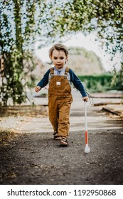 Blind Or Visually Impaired Child/Kid/Toddler/Preschooler/Boy Walking Through Neighborhood With Long White Cane, #3