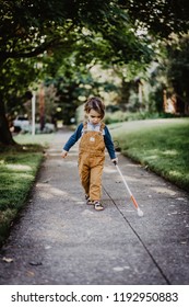 Blind Or Visually Impaired Child/Kid/Toddler/Preschooler/Boy Walking Through Neighborhood With Long White Cane, #4