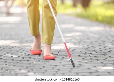 Blind Woman With Cane Walking On City Street, Closeup