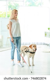 Blind Woman With Guide Dog At Home