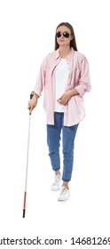 Blind Woman With Long Cane On White Background