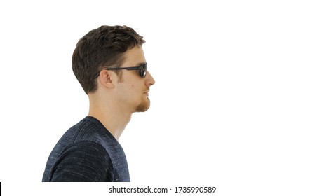 Blind Young Man With A Cane Walking On White Background.