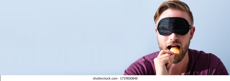 Blindfold Taste. Blindfolded Man Doing Blind Food Biting