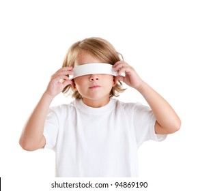 Blindfolded Children Blond Kid Portrait Isolated On White