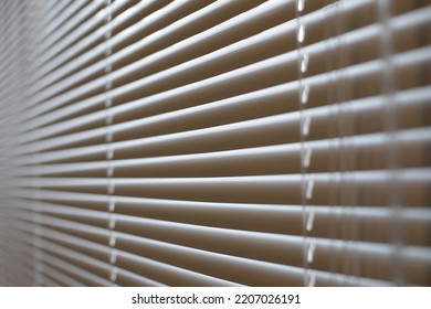 Blinds In Office. Interior Details. Window Is Closed From Light. Protection From Spicy Sunlight. Blinds On Window.