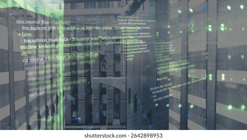 Blinking central metal server racks humming over raised floor in data center with code overlay. Technology, cybersecurity, networking, industrial, modern, infrastructure, innovation