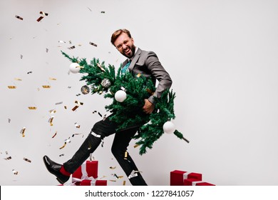 Blissful Dark-haired Man Fooling Around While Preparing For New Year. Laughing Male Model Holding Green Christmas Tree.