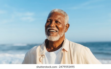 A blissful elderly man enjoys a serene moment on the beach promenade, radiating happiness and content. - Powered by Shutterstock