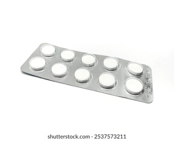 A blister pack containing white, round tablets on a white background. - Powered by Shutterstock