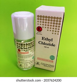 Blitar, Indonesia - September 08, 2021 : Ethyl Chloride 100 Ml, This Medication Is Used To Prevent Pain Caused By Injections And Minor Surgical Procedures Isolated On Green Background