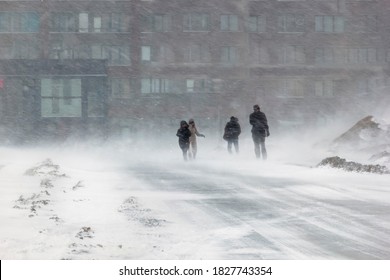 Blizzard Bad Weather Snow And Strong Wind In The City Selective Focus