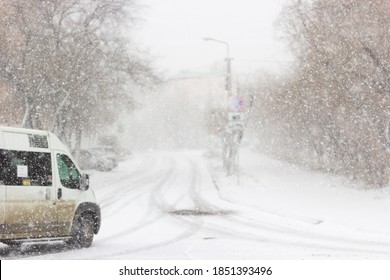 Blizzard, Mist And Snowfall In City, Cars On Sleet Road, Poor Visibility, Winter Bad Weather