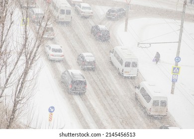 Blizzard, Mist And Snowfall In City, Cars On Sleet Road, Poor Visibility, Winter Bad Weather