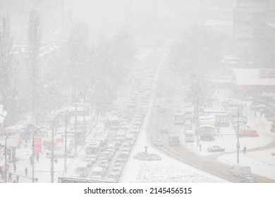 Blizzard, Mist And Snowfall In City, Cars On Sleet Road, Poor Visibility, Winter Bad Weather