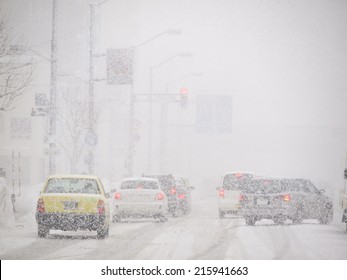 Blizzard on the Road and bad Visibility in Hokkaido, Japan.