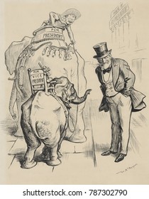 TOO BL--KTY SMALL FOR UNCLE JOE, 1904 Cartoon About Cannons Rebuff Of The Vice Presidency. Theodore Roosevelt On A Big Elephant, Fails To Entice Joseph Gurney Cannon, Speaker Of The House Of Represent