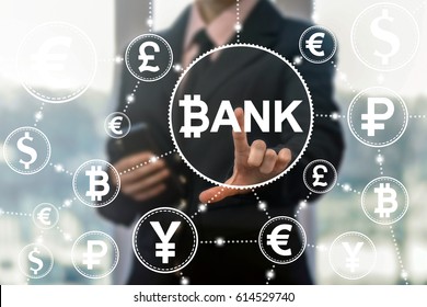 Block chain bank concept. Digital banking finance web money business. Man touched bitcoin bank icon on virtual screen. Cryptocurrency blockchain. Secure internet network money technology.