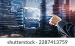 Block Chain concept . Distributed ledger technology. Businessman clicking on virtual screen Block Chain