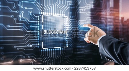 Block Chain concept . Distributed ledger technology. Businessman clicking on virtual screen Block Chain