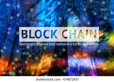 Block chain network concept , Distributed ledger technology , Block chain text and Network connection with abstract colorful background