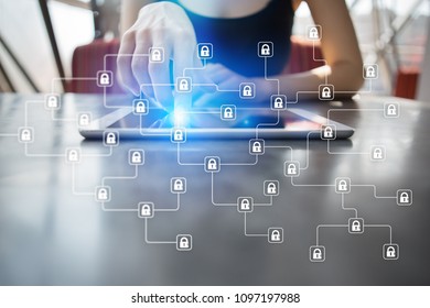 Block chain network and programming concept on virtual screen background. Business and technology concept.