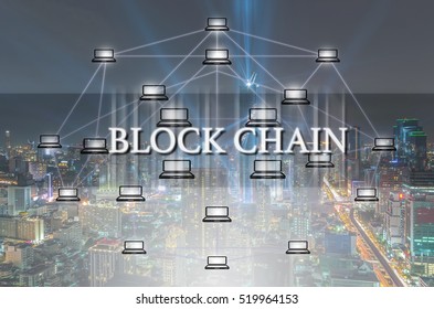 Block chain Text and Distributed computer network over the top view cityscape background, Distributed ledger technology concept, Block chain Technology trend concept
