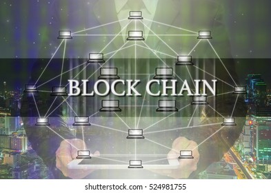 Block chain Text and Distributed computer network with Businessman holding the tablet over the Modern business building glass of skyscrapers, Distributed ledger technology and block chain concept
