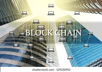 Block chain Text and Distributed computer network over the Modern business building glass of skyscrapers, Distributed ledger technology concept, Block chain Technology trend concept