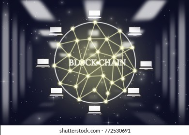 Block chain Text and Distributed computer network icon over blurred server room background, Distributed ledger technology and block chain concept