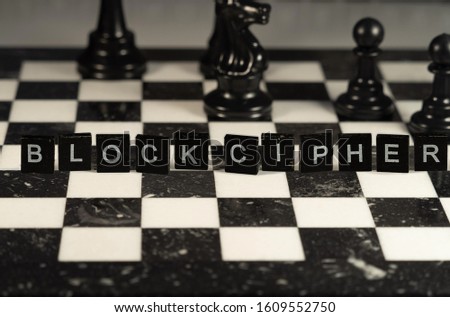 block cipher the word or concept represented by black & white letter tiles on a chessboard