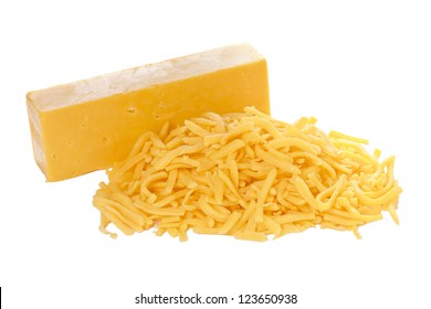 Block And Grated Cheddar Cheese Against White Background