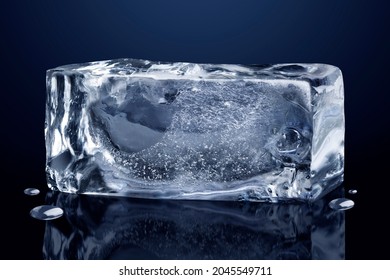 Block Of Ice With Air Bubbles Isolated On Black Background With Clipping Path.